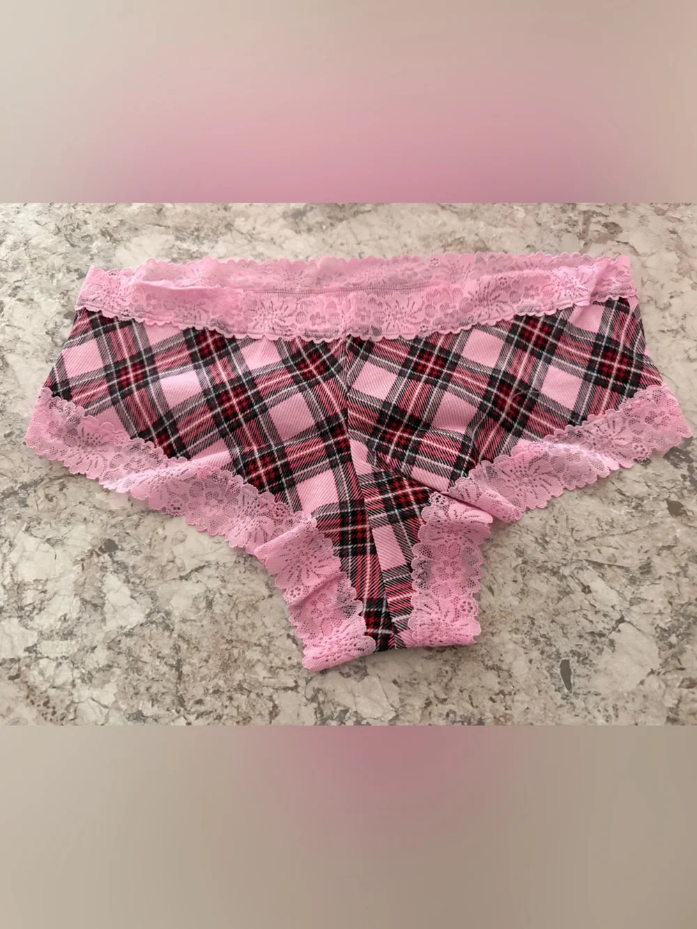 VS PINK Lace Trim Cotton Cheeky Christmas Panty Plaid NWT Large